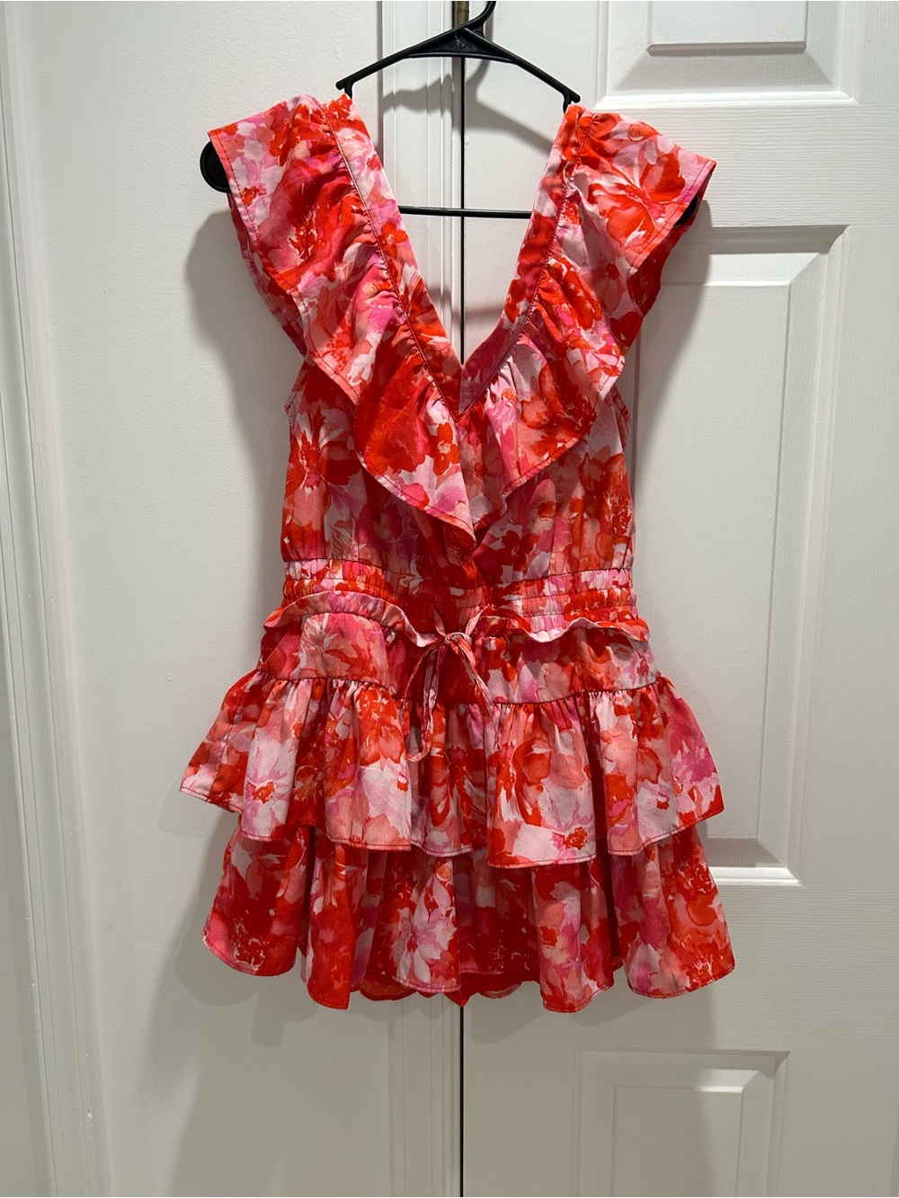 Floral Ruffle V-Neck Mini Dress in Red and Pink